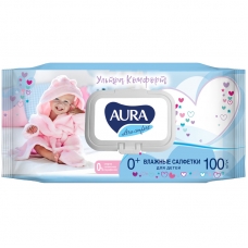 Салфетки влажные Aura /Ultra comfort/, 100шт., детские, очищающие, без спирта, клапан 8109