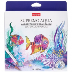 Карандаши цветные Hatber Акварельные круглый корпус 24 цв. SUPREMO AQUA заточен.  в карт. короб. с европодвесом
