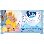 Салфетки влажные Aura /Ultra comfort/, 15шт., детские, универсал. очищающие, без спирта 8110/8492/9753