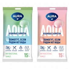 Салфетки влажные Aura /Family/, 15шт., антибактериальные 7045
