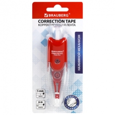 Корректирующая лента BRAUBERG /Click/, 5 мм х 6 м, корпус прозрачный, автоматическая, блистер