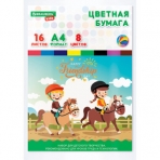 Цветная бумага А4 офсетная, 16 листов, 8 цветов, папка, индивидуальная упаковка, BRAUBERG KIDS, 200х290 мм, /Друзья/, 115162