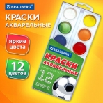 Краски акварельные BRAUBERG 12 цветов /Футбол/, медовые, круглые кюветы, 192565