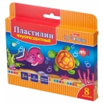 Пластилин Восковой флуоресцентный 8 цв. 120г Hatber со стеком-Морская семейка-   в карт.короб. с европодвесом