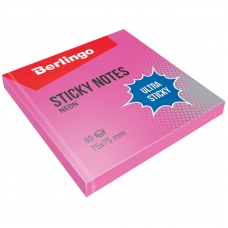 Самоклеящийся блок Berlingo /Ultra Sticky/, 75*75мм, 80л, розовый неон LSn_39203